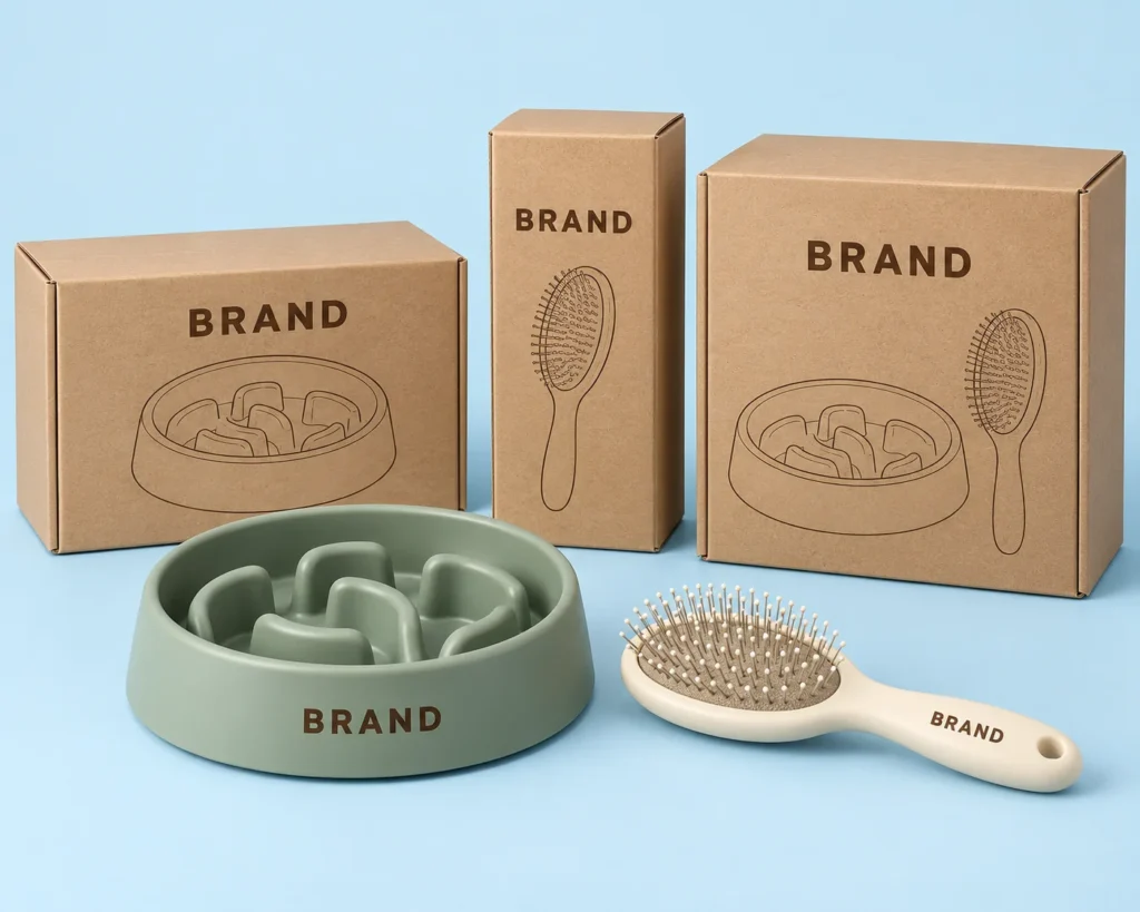 Kraft retail boxes with a sage-green slow-feeder bowl and cream grooming brush