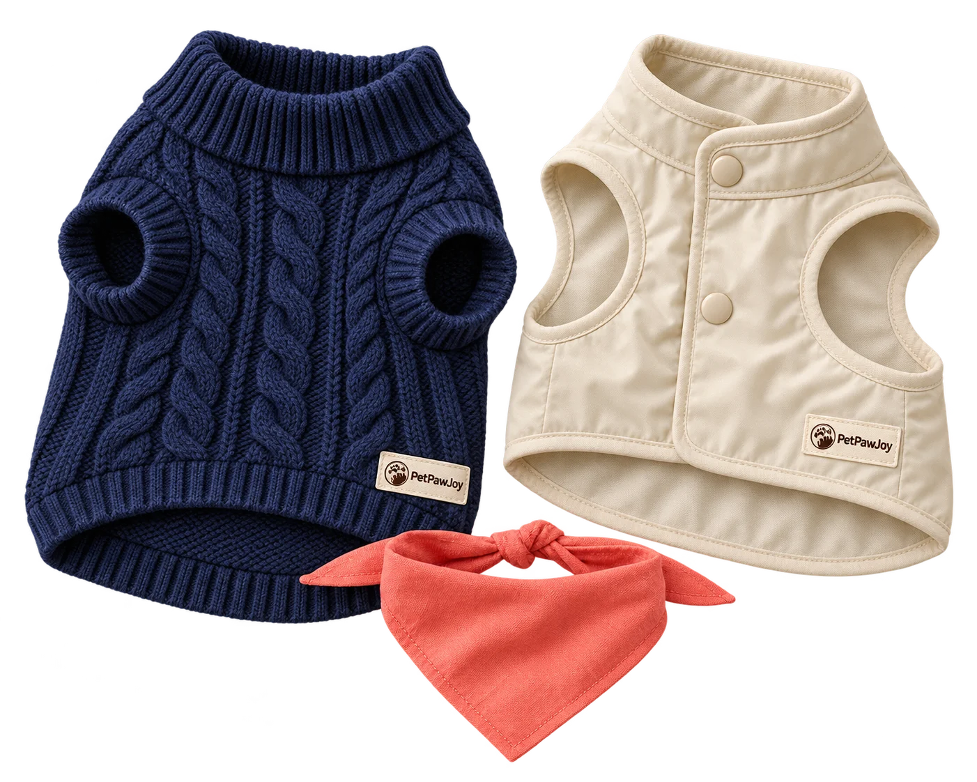 Navy knitted pet sweater, cream pet vest and coral bandana
