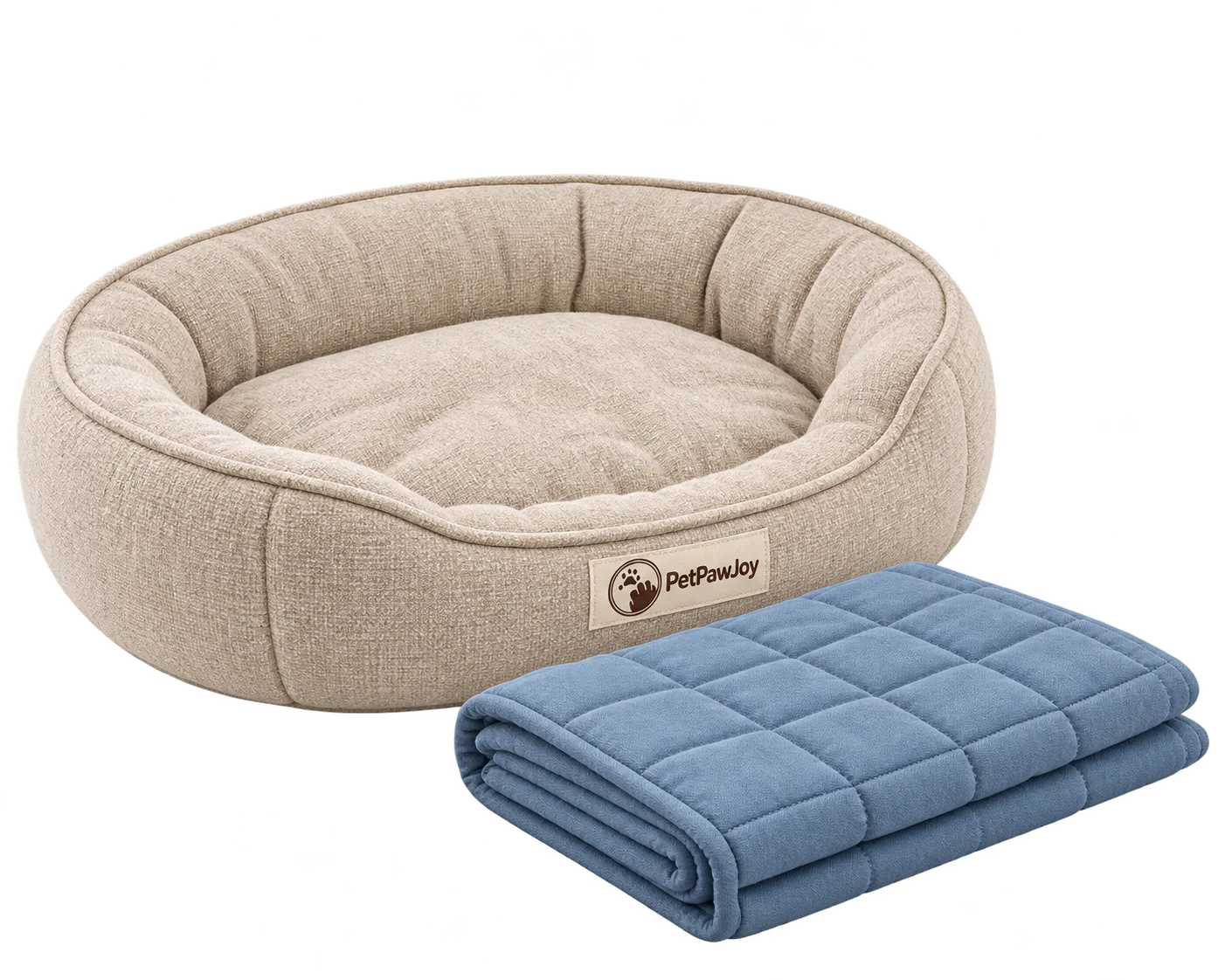 Oatmeal oval pet bed beside a folded dusty-blue quilted mat