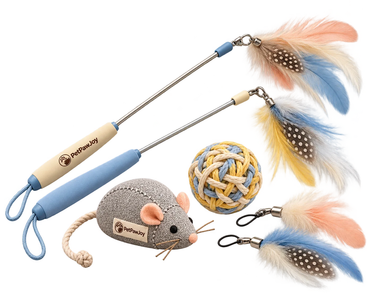 Feather teaser wands, replacement attachments, fabric mouse and woven cat ball