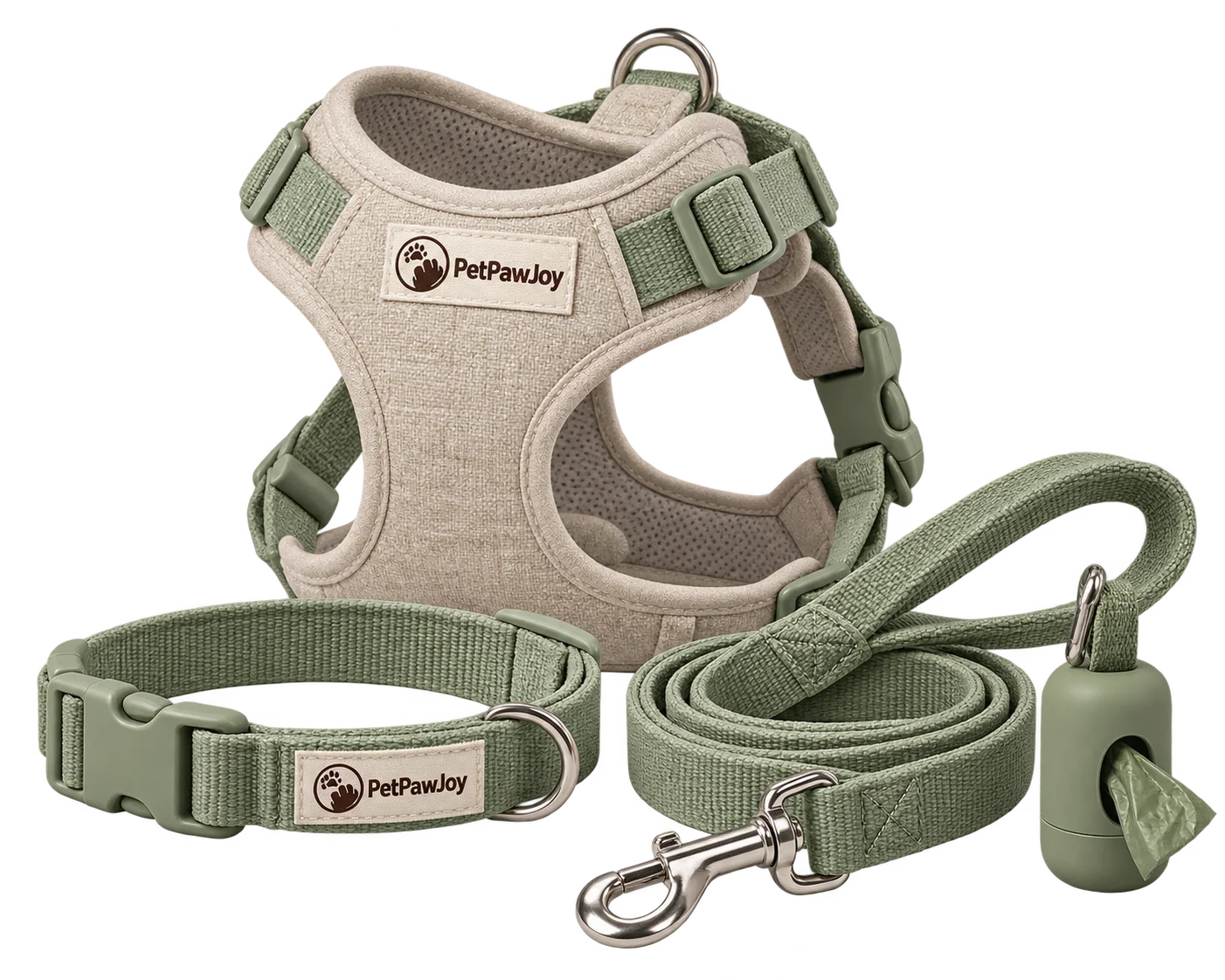 Green pet collar and coiled leash beside a harness and waste-bag dispenser