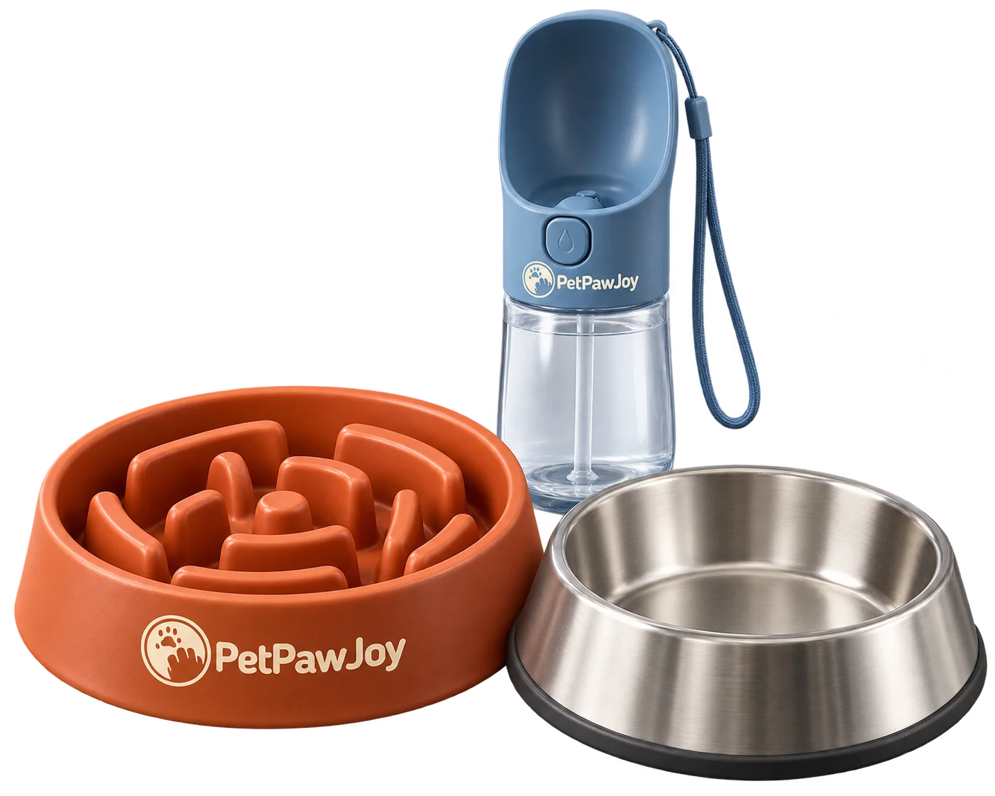 Orange slow-feeder bowl, stainless-steel pet bowl and blue portable water bottle
