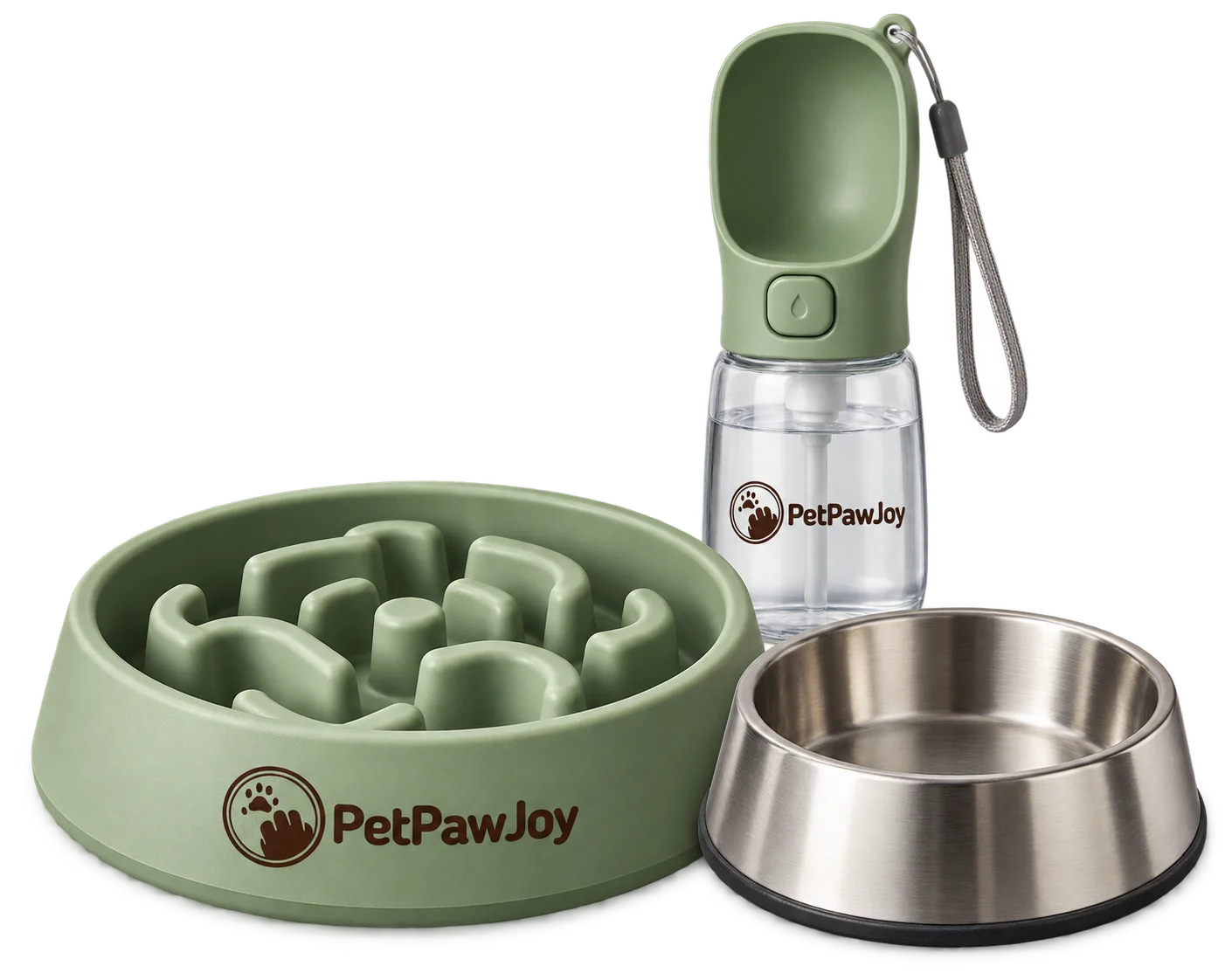 Sage-green slow-feeder bowl, stainless-steel pet bowl and portable water bottle