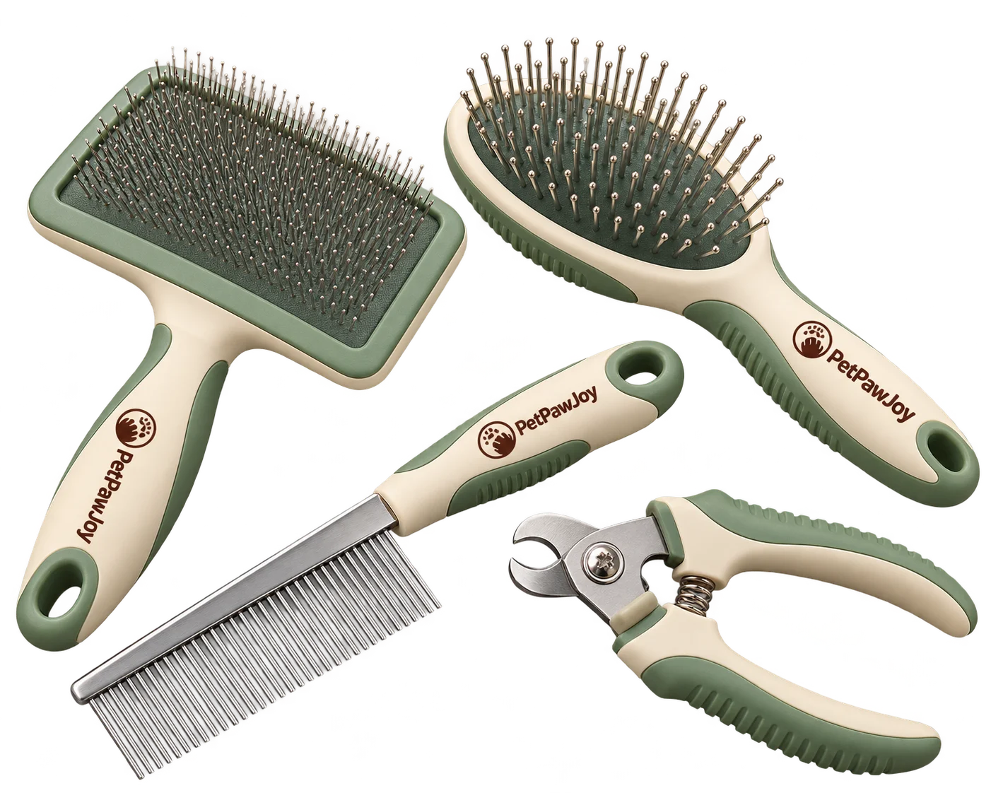 Slicker brush, pin brush, metal grooming comb and pet nail clippers