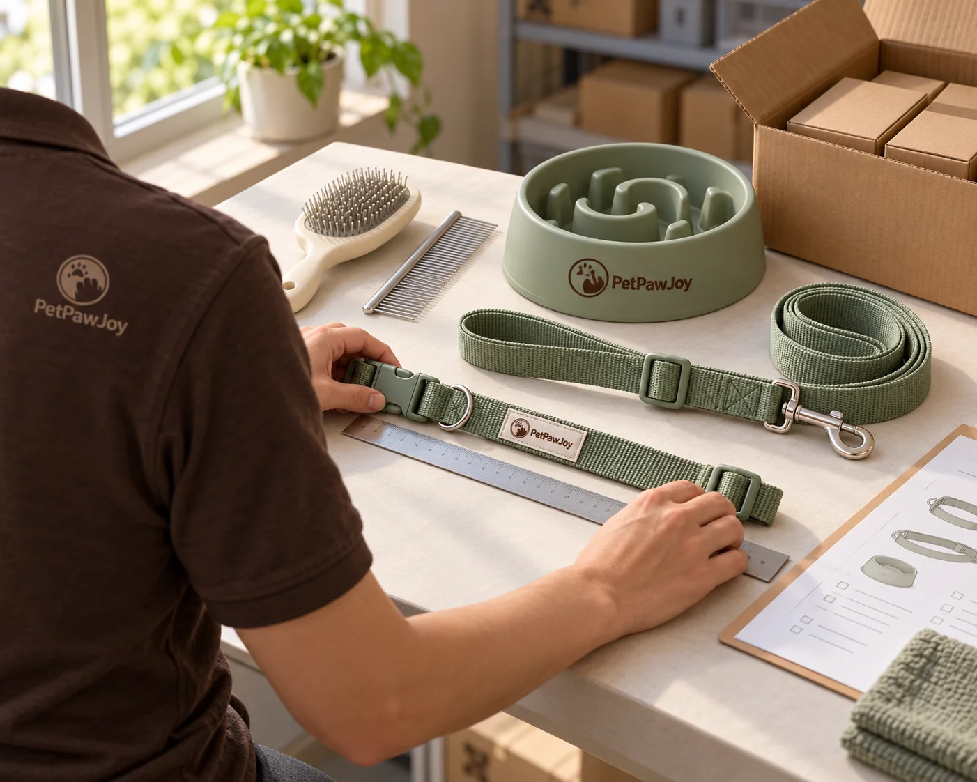 Worker viewed from behind measuring a pet collar beside grooming tools, a feeding bowl and packing boxes