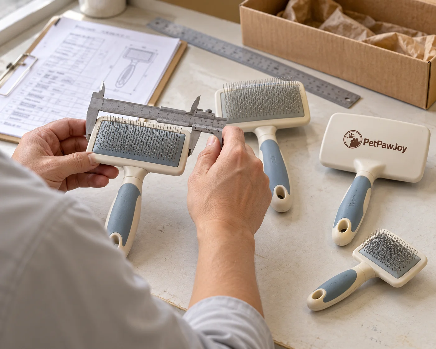 Worker viewed from behind measuring a slicker brush beside other grooming brushes