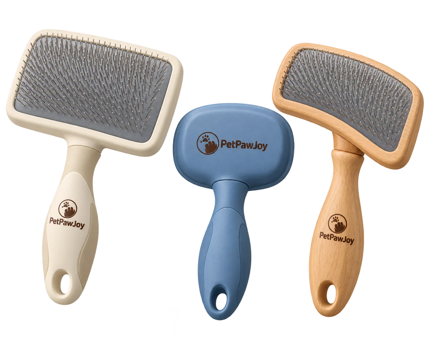 Three pet slicker brushes with different head shapes and cream, blue and wooden handles