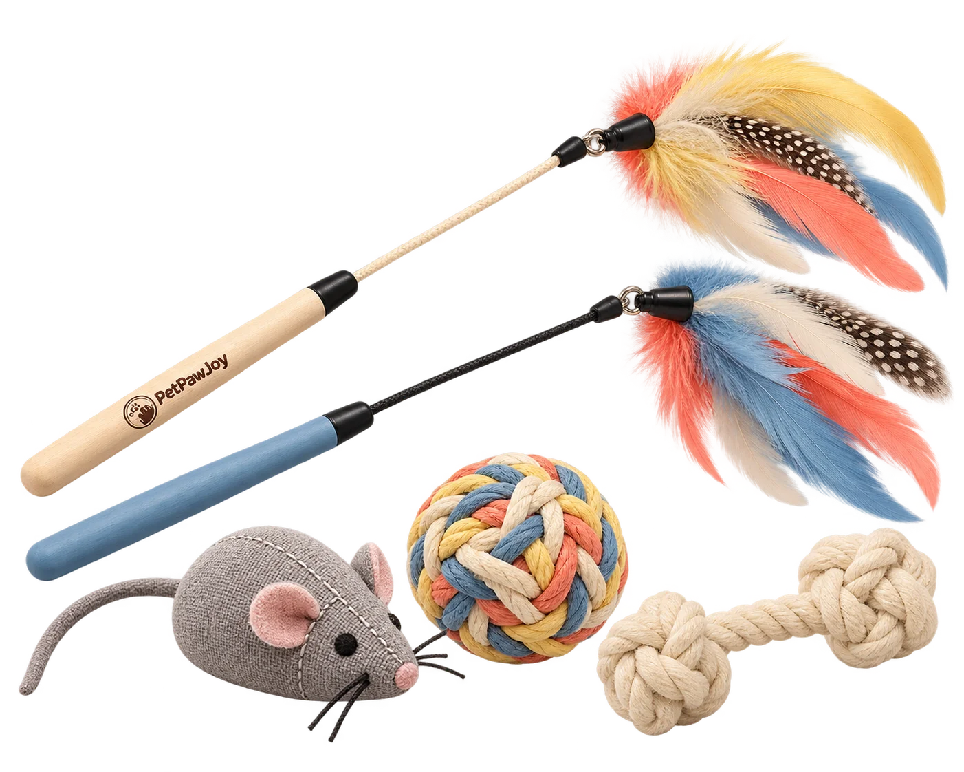 Feather teaser wands, fabric mouse, woven play ball and cotton rope toy