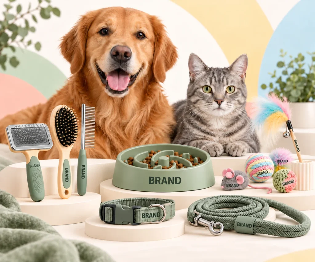 Dog and cat behind grooming tools, a slow-feeder bowl, toys, a collar and leash
