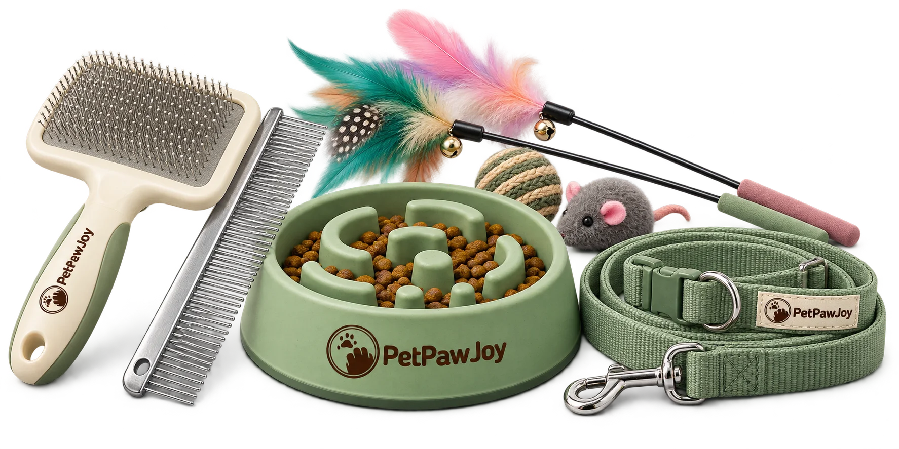 PetPawJoy grooming tools, slow-feeder bowl, cat toys, collar and leash