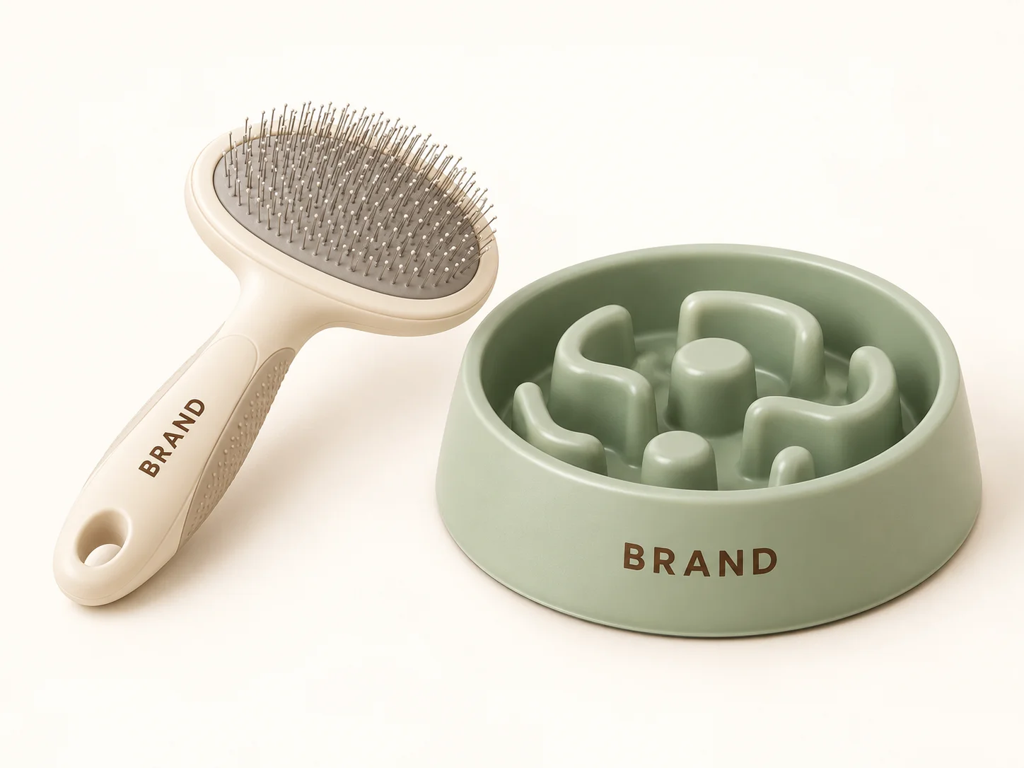 Cream grooming brush beside a sage-green slow-feeder bowl