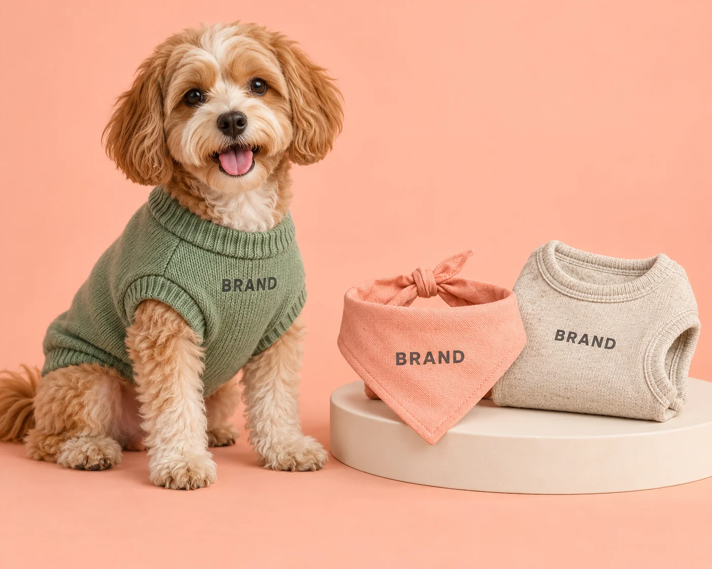 Folded green pet sweater, peach bandana and neutral pet vest