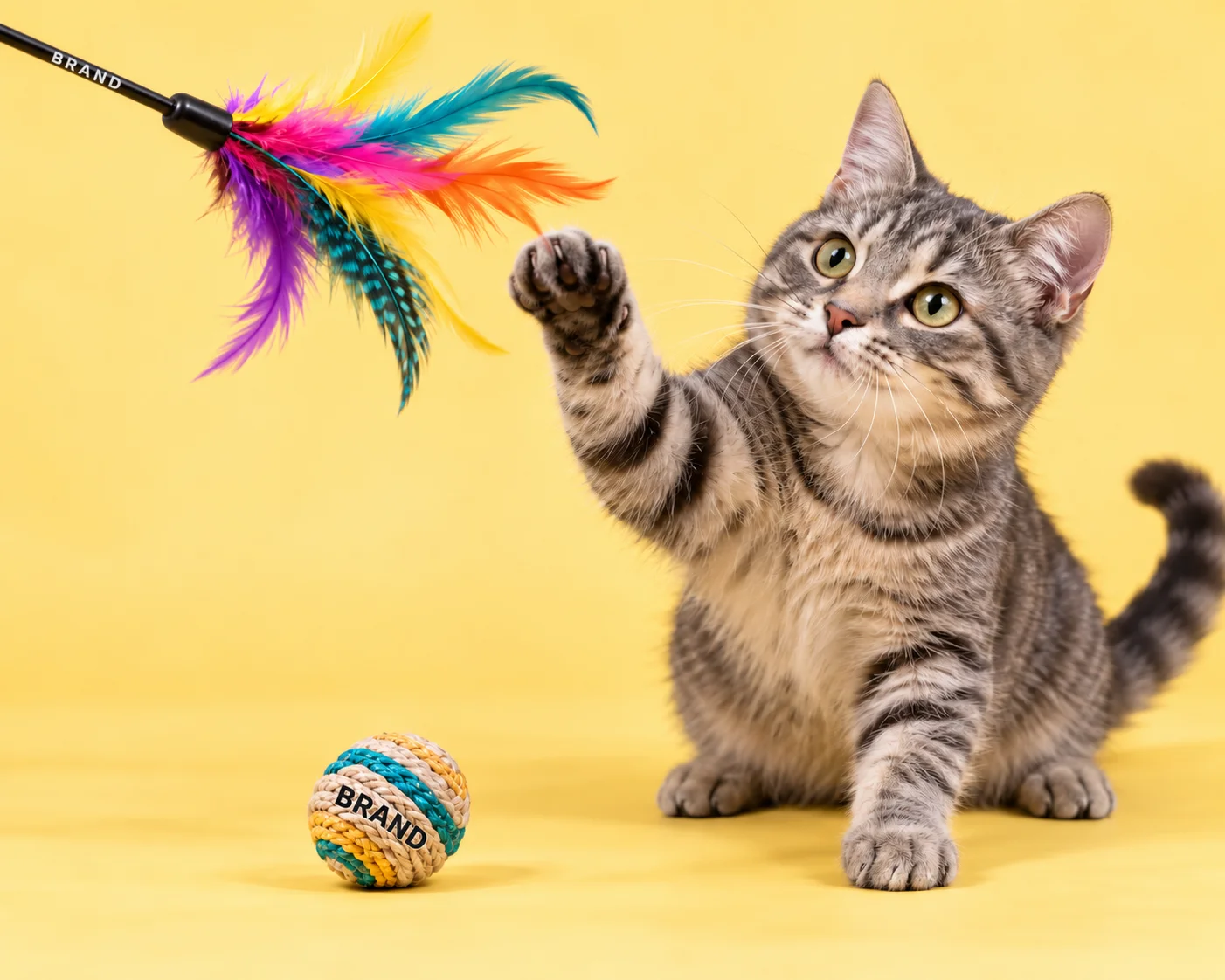 Rope toy, rubber chew toy, plush mouse, feather teaser and play ball